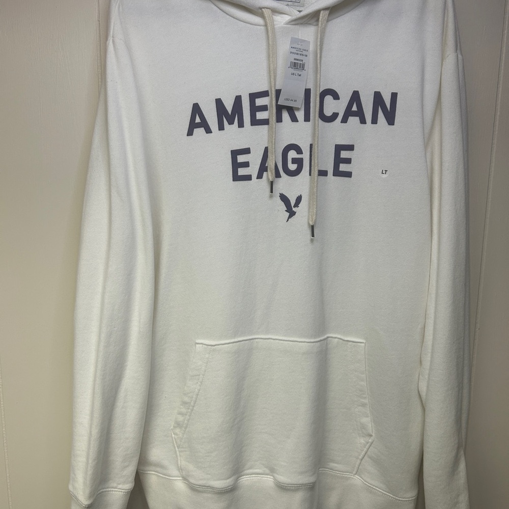 American Eagle Outfitters White Casual Hoodie with Navy Lettering on Chest
